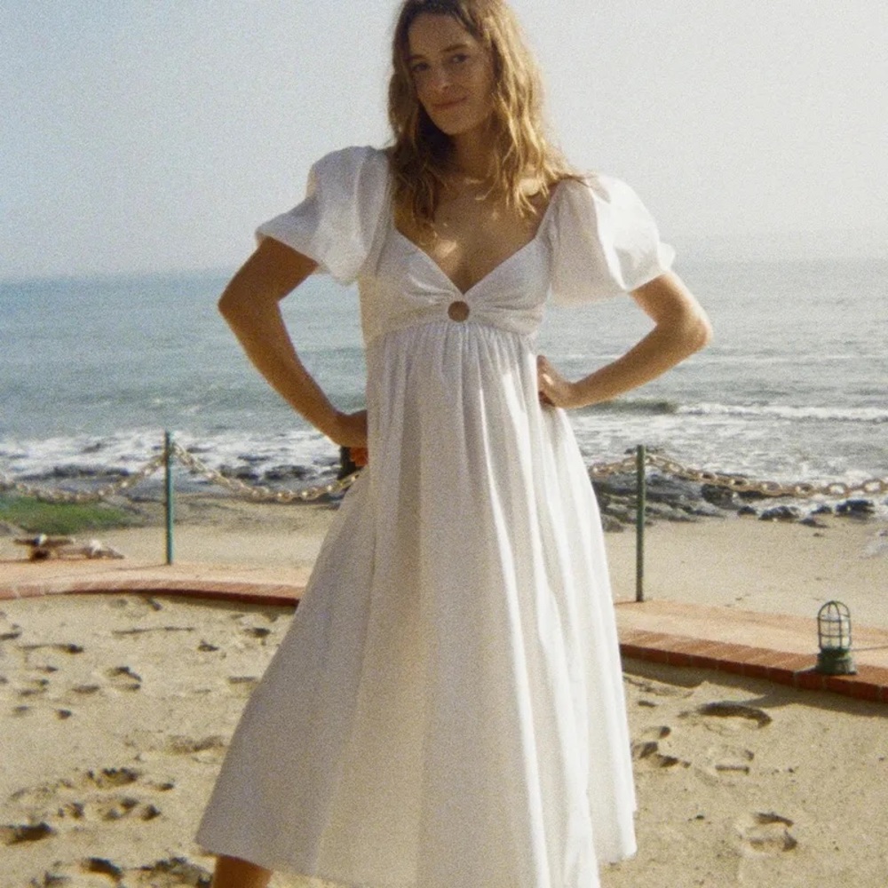 Abercrombie & Fitch White Puff Sleeve Midi Dress